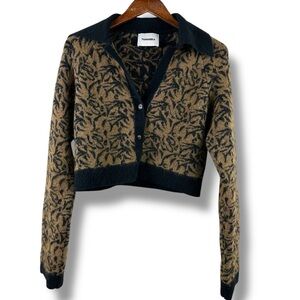 Nanushka Size M Graphic Print Wool Blend Crop Cardigan Sweater Brown Black Swirl